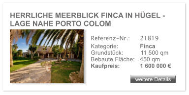 HERRLICHE MEERBLICK FINCA IN H�GEL - LAGE NAHE PORTO COLOM weitere Details weitere Details Referenz-Nr.:  	21819 Kategorie: 	Finca Grundst�ck:	11 500 qm  Bebaute Fl�che:	450 qm  Kaufpreis: 	1 600 000 �