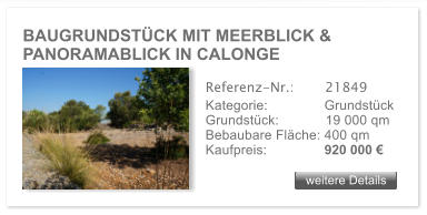 BAUGRUNDST�CK MIT MEERBLICK & PANORAMABLICK IN CALONGE weitere Details weitere Details Referenz-Nr.:  	  21849 Kategorie: 	  Grundst�ck Grundst�ck:	  19 000 qm  Bebaubare Fl�che: 400 qm  Kaufpreis: 	  920 000 �