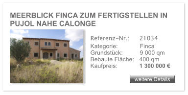 MEERBLICK FINCA ZUM FERTIGSTELLEN IN PUJOL NAHE CALONGE weitere Details weitere Details Referenz-Nr.:  	21034 Kategorie: 	Finca Grundst�ck:	9 000 qm  Bebaute Fl�che:	400 qm  Kaufpreis: 	1 300 000 �